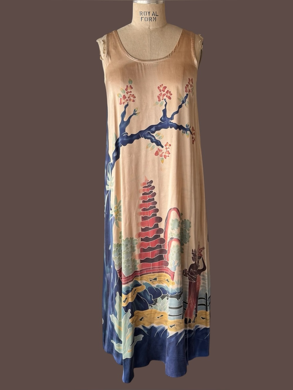 Vintage 90s Citron Santa Monica Silk African Motif Patterned Maxi Dress